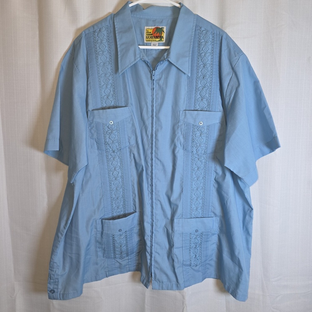 VTG Genuine Haband Guayabera Shirt Mens XXL Blue Zip Front 4 Pocket Embroidered